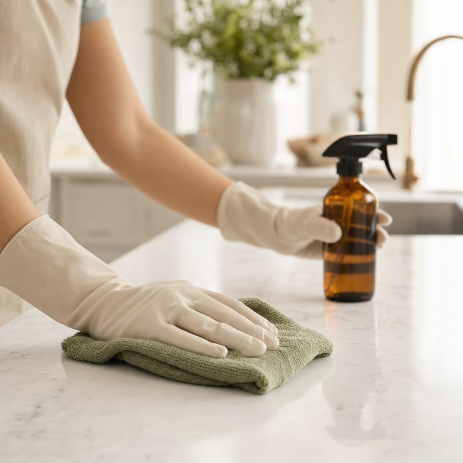 Wiping a kitchen counter